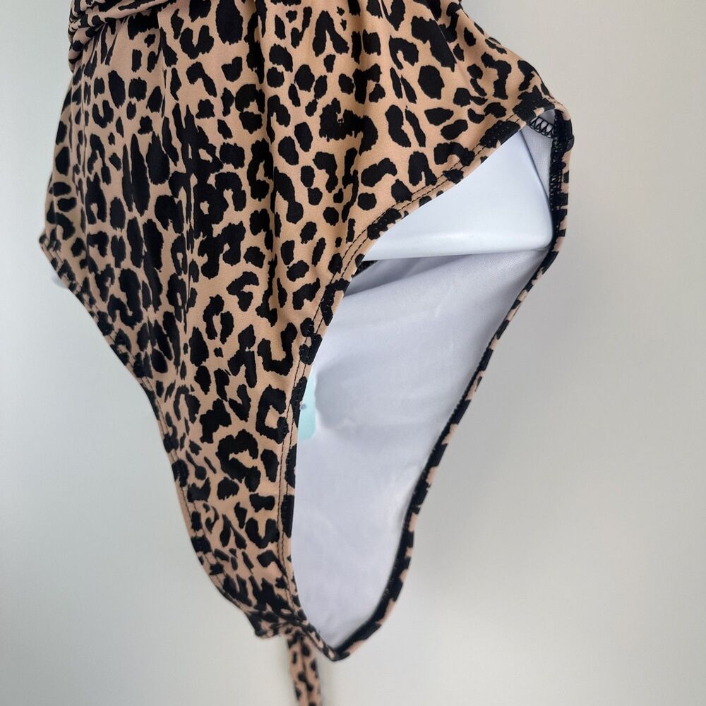 Bellanblue Swimsuit Plunging V Front Wrap Ties Leopard Print Peach Hi Cut Large - Picture 3 of 12